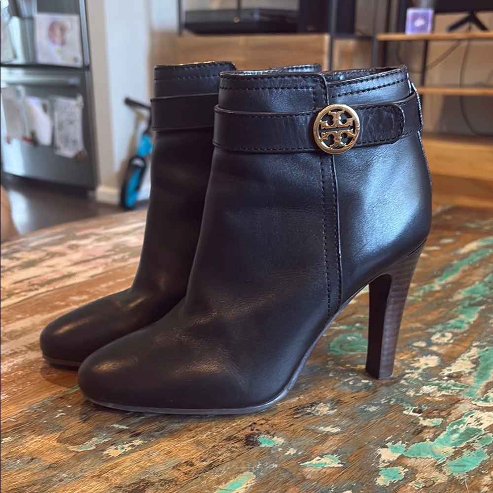 Tory Burch Black Leather Ankle Booties with Gold Logo